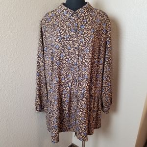 New LOGO Brown Blue Floral Long Sleeve Blouse